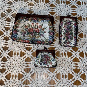 Vtg Interpur Hong Kong Tapestry Clutch with matching Coin Purse & Cigarette Case